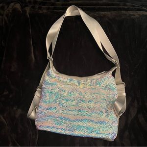 NWOT Sondra Robert’s sequined nylon convertible crossbody. Rose gold. Retail $90